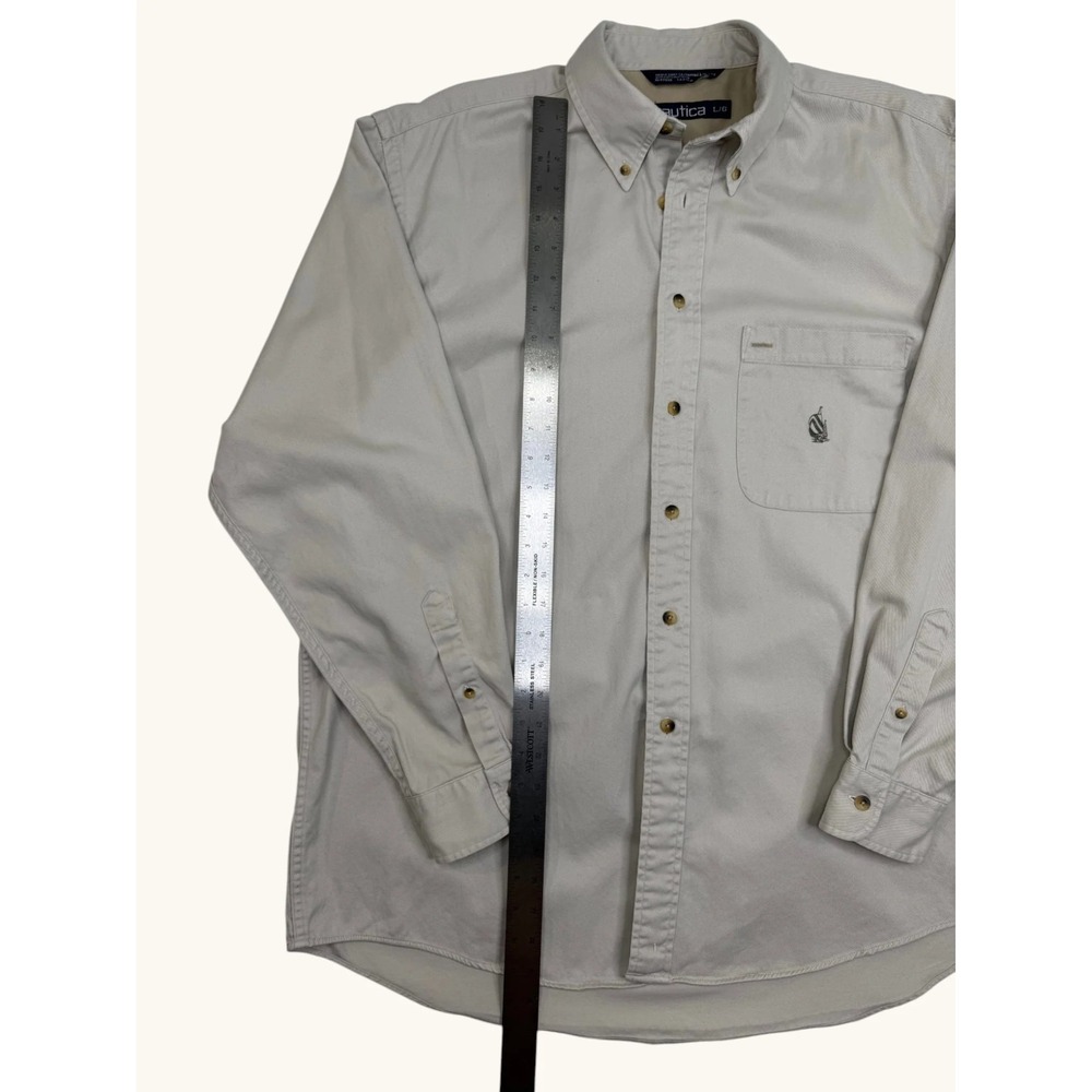 Nautica Mens Large Khaki Tan Cotton Twill Long Sleeve Button Down Shirt Logo L - Picture 6 of 8